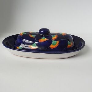Talavera Pottery Mexican Cobalt Blue Butter Dish Handpainted Lead Free Mexico